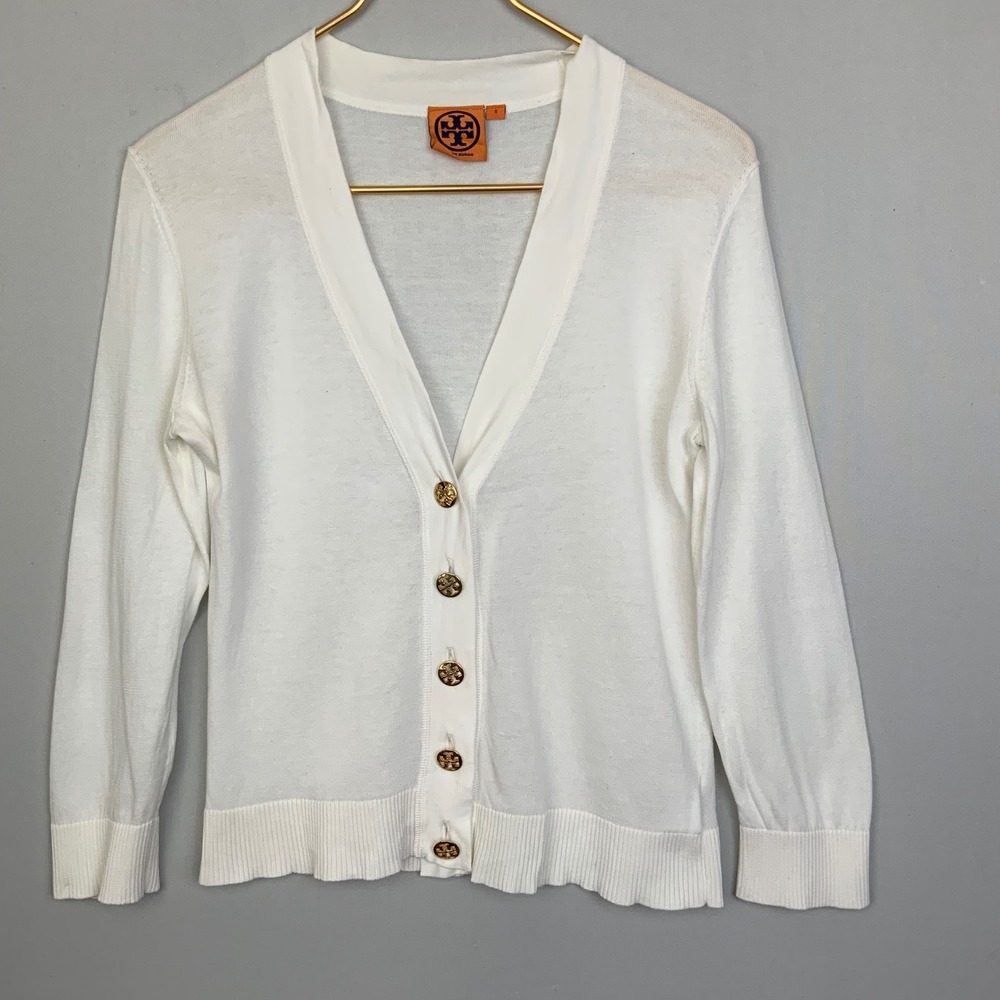 Tory Burch Sz Small White Lightweight Cotton CardIvan Gold Logo Buttons Preppy *